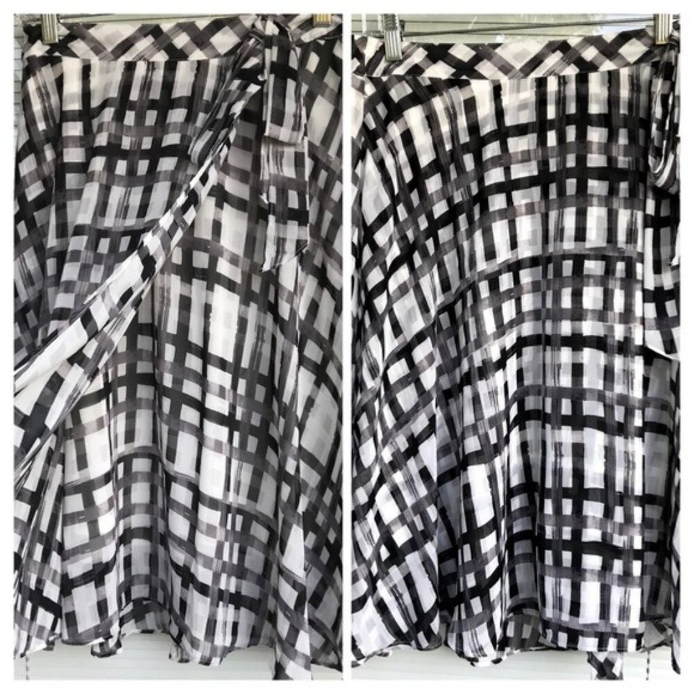 Elle Parisian Picnic Faux Wrap Flared Skirt M Black White Waist Tie Bow Career